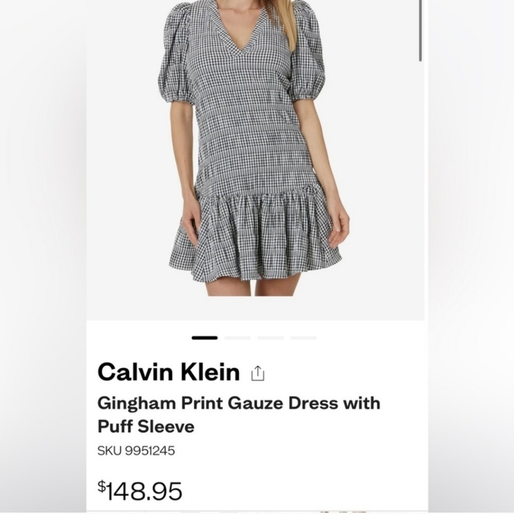 Calvin Klein Gingham Print Gauze Dress with‎ Puff sleeves NEW Size 2 - Picture 13 of 16
